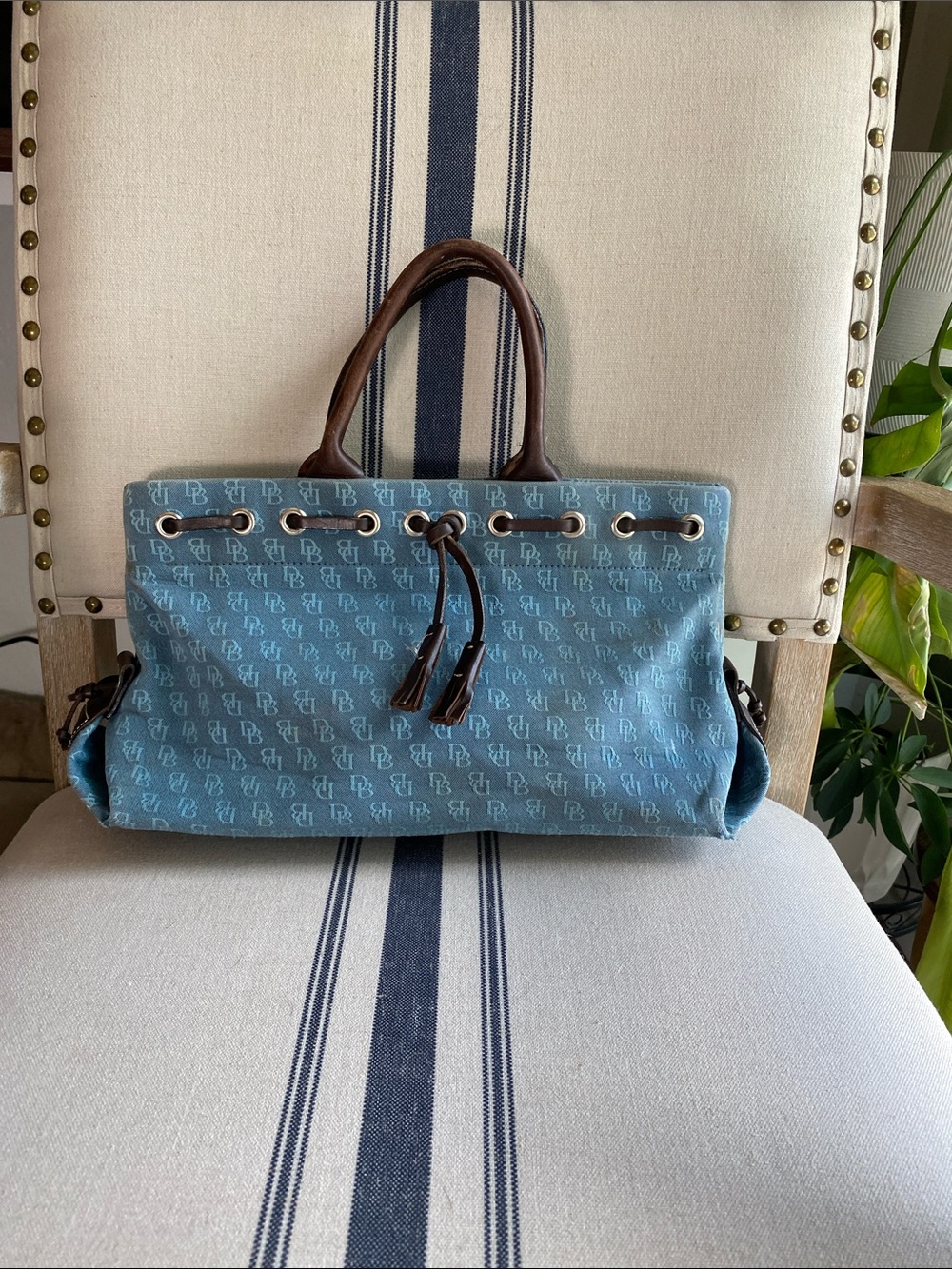 Dooney & Bourke Vintage Blue Monogram Tote with Brown Leather Handles and Tassel